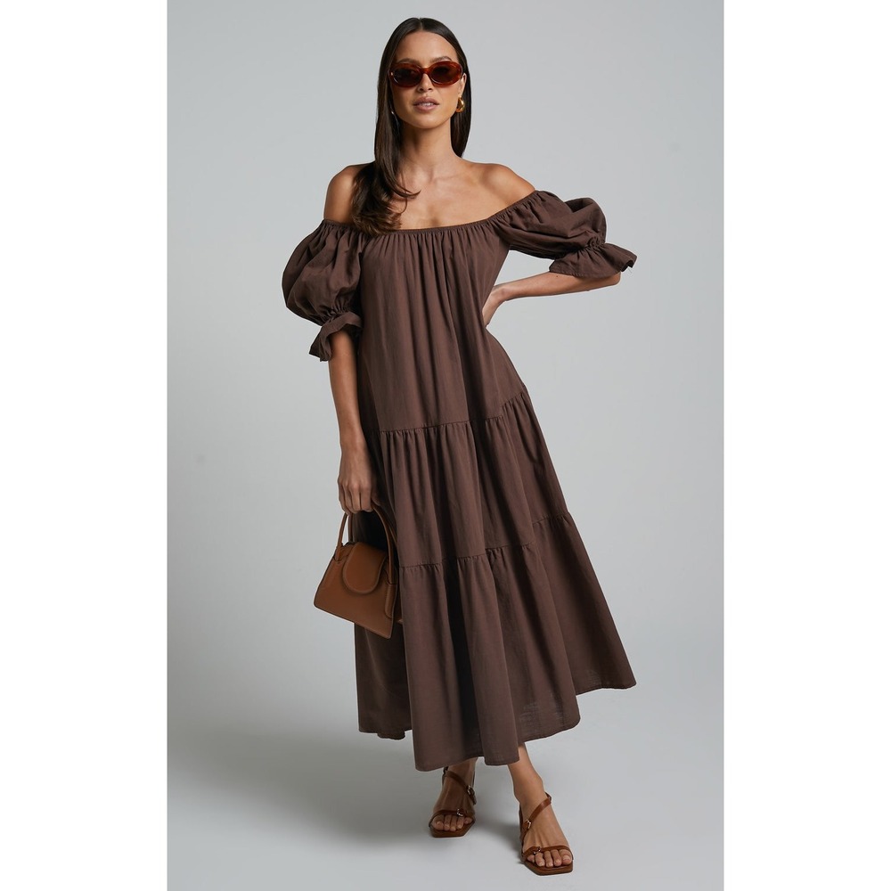 Showpo Zaharrah Brown Off Shoulder Tiered Midi Dress US 4 - Picture 2 of 9
